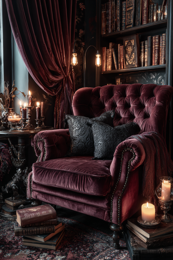 Vamp romantic interior reading nook — oxblood velvet armchair, dark crystal holder, stacked books, and amber candlelight