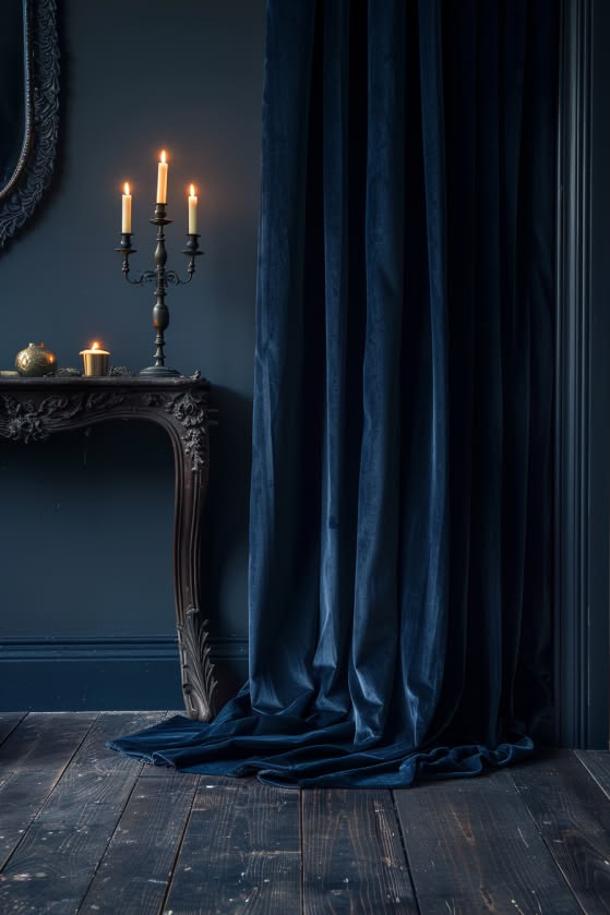 Midnight navy velvet, impossibly heavy, pooling at the base while a single amber beam falls through the gap and traces the dark hardwood. Velvet curtains as dark interior design statement — where one slit of light says everything. 