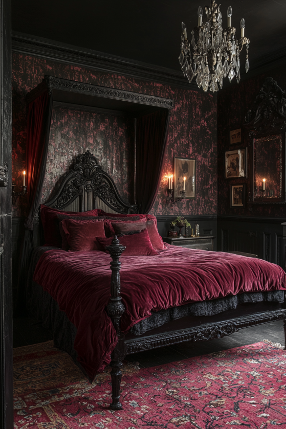 Velvet, iron, and candlelight. A gothic maximalism bedroom built layer by layer. Full design guide on GothicSilhouette