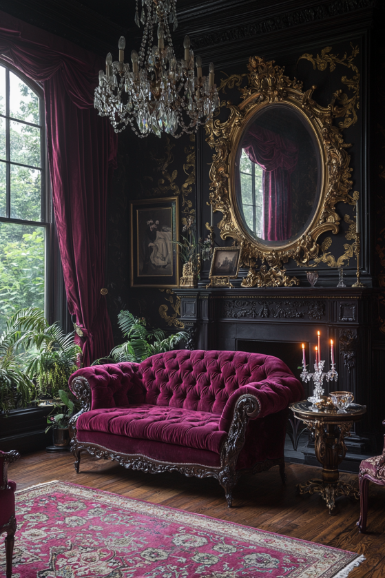 Dark rococo aesthetic living room with ornate gilt mirror, oxblood velvet settee, crystal candelabra, and plum velvet curtains pooling on dark wood floors