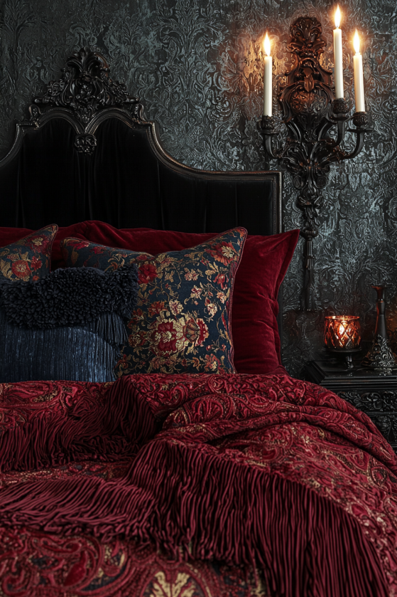 Gothic maximalism bedroom aesthetic with jewel tones, layered velvet textiles, baroque frames and dramatic candlelight