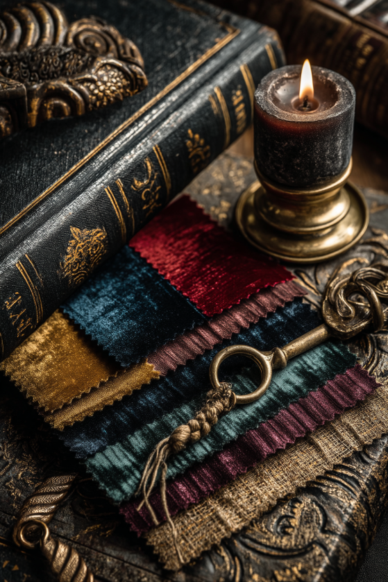 Dark rococo aesthetic colour palette study with swatches of midnight navy, oxblood, deep emerald, plum velvet, and aged gold trim