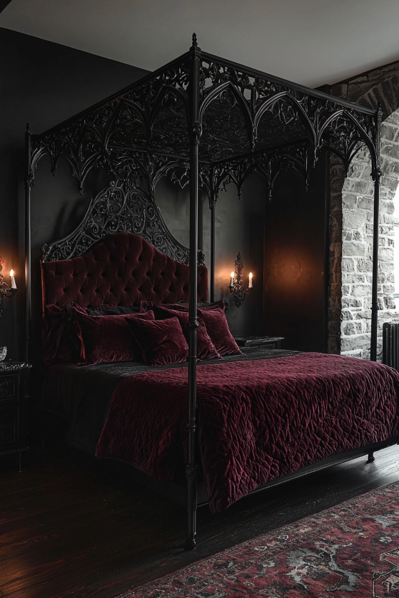 Gothic iron canopy bed in a gothic maximalism bedroom with dark arch finials, oxblood velvet headboard and shadow