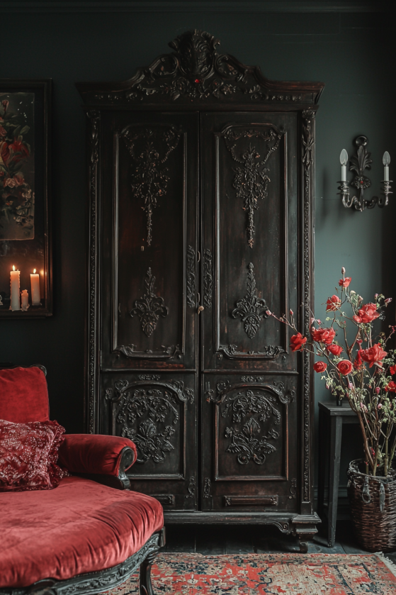 Gothic maximalism bedroom with dark carved armoire, jewel-tone velvet accents and iron hardware in a shadowed moody setting