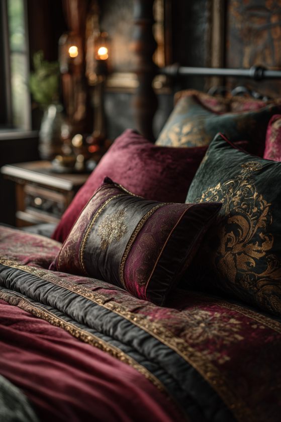 Gothic maximalism bedroom with layered oxblood velvet bedding, jewel-tone throw pillows and heavy brocade coverlet
