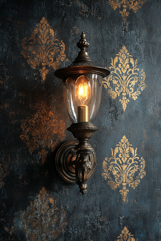 Dark brocade wallpaper with gold damask motif on black ground lit by ornate wall sconce — dark rococo aesthetic feature wall