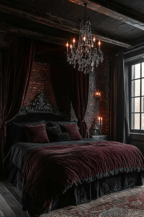 Dark velvet floor-to-ceiling drapes and bed canopy in gothic maximalism bedroom with layered Persian rugs and iron frame