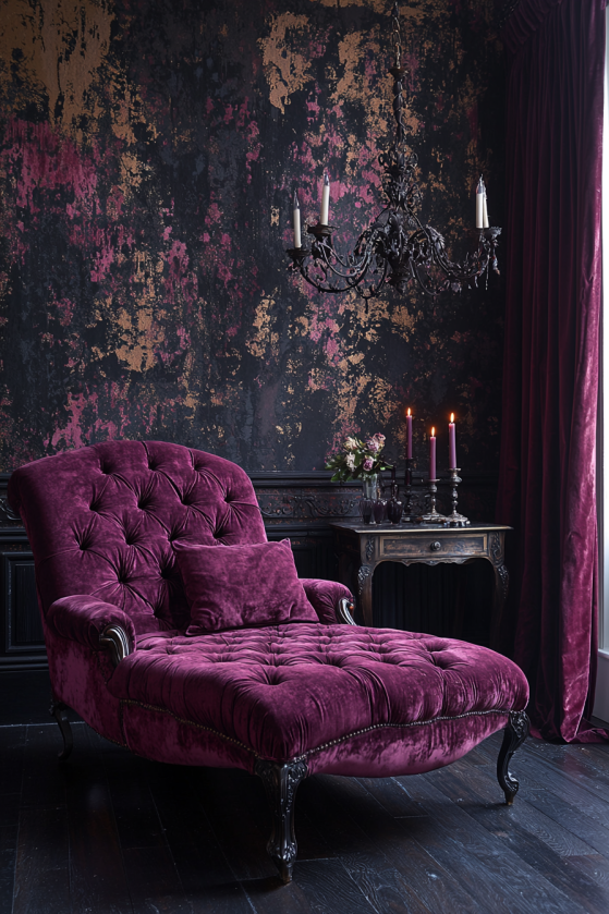 Deep magenta tufted velvet chaise against distressed rococo wallpaper — the very essence of Dark Rococo opulence.