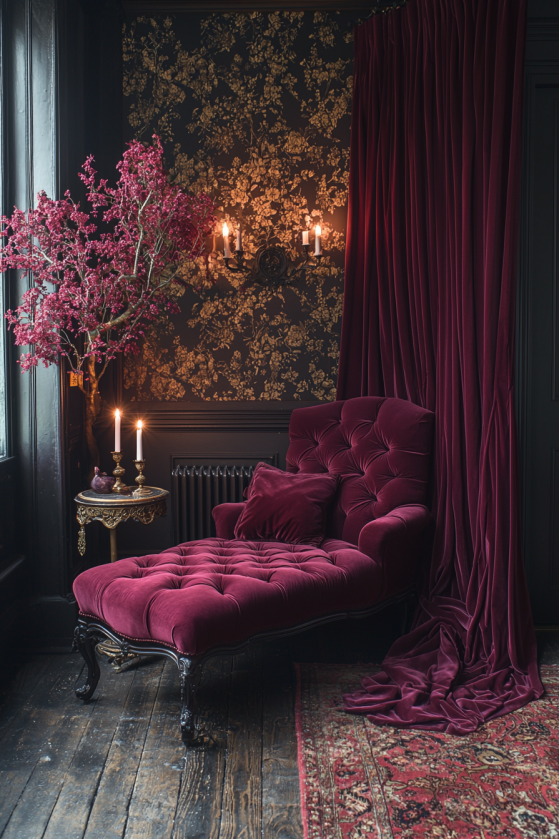 Oxblood velvet chaise lounge with carved gilt legs beside plum velvet curtains in a dark rococo aesthetic room with brocade wallpaper and candelabra
