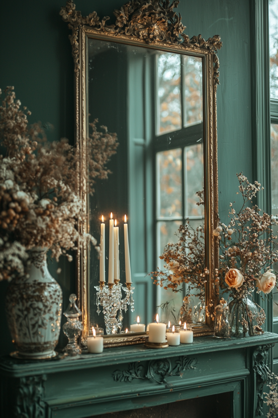 Ornate baroque gilt mirror with carved shell and leaf frame against deep forest green wall reflecting crystal candelabra — dark rococo aesthetic decor