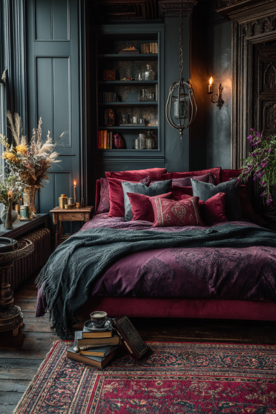 Gothic maximalism bedroom colour palette — oxblood velvet, deep amethyst pillows, forest green and matte black walls