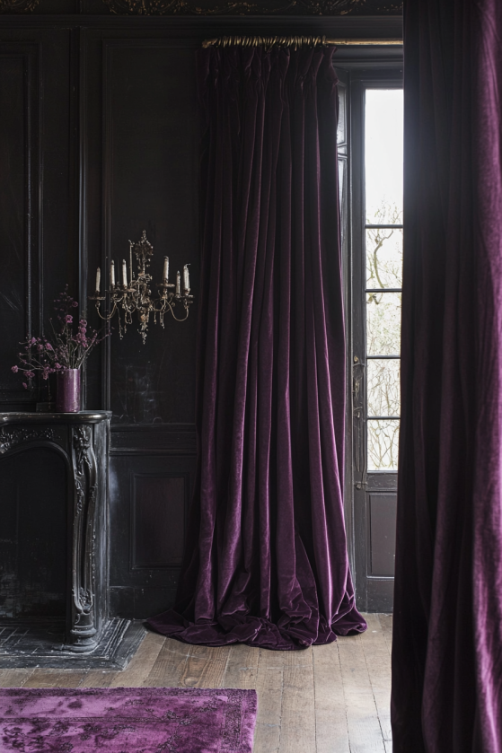 Floor-to-ceiling plum velvet curtains fully drawn and pooling on dark hardwood floors with iron candelabra casting amber light — dark rococo aesthetic window treatment