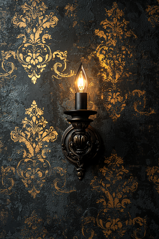 Close-up of dark brocade wallpaper with gold damask motif catching candlelight from nearby flame — dark rococo aesthetic wall texture detail