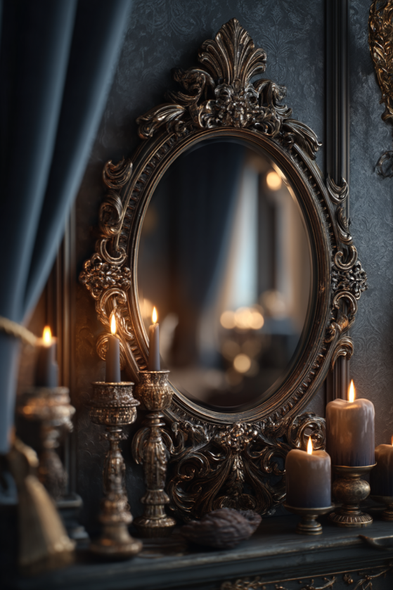Ornate baroque mirror against dark wall in gothic maximalism bedroom with velvet drapes and theatrical candlelight