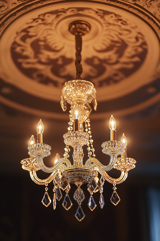 Crystal chandelier refracting candlelight in dark rococo aesthetic room with ornate plasterwork ceiling medallion — gothic baroque interior lighting