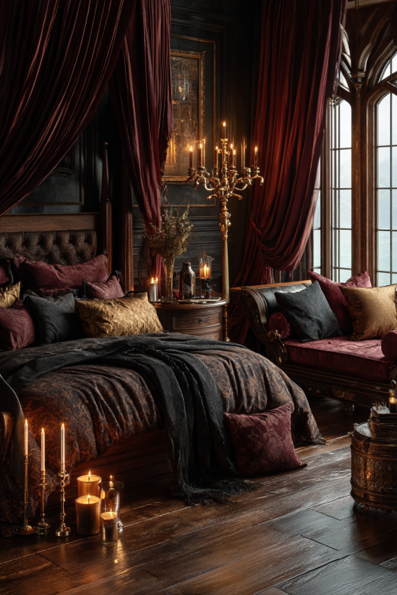 The room was never meant for daylight. Oxblood velvet curtains fall from ceiling to floor like theatre drapes on an opening night only you were invited to. A brass candelabra breathes warm gold across pillows piled in amethyst and burgundy.