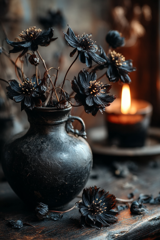 Vamp romantic interior dark floral arrangement — dried oxblood roses and burgundy dahlias massed in a black iron bowl