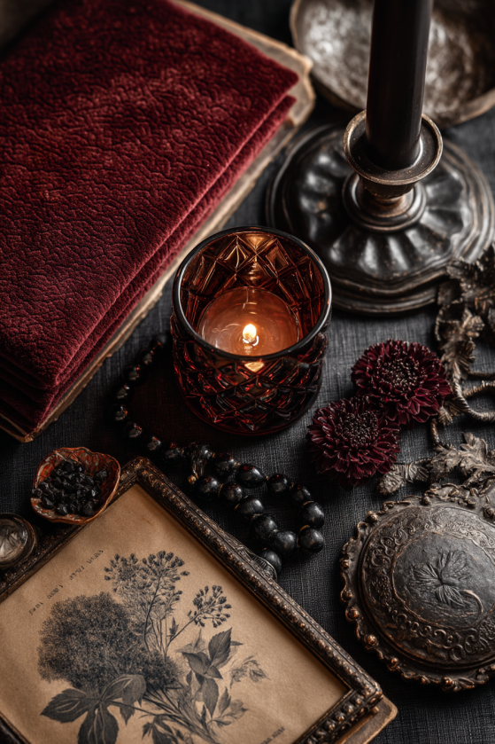 Vamp romantic interior must-haves — oxblood velvet, dark crystal, dried roses, iron candlestick, and moody dark art