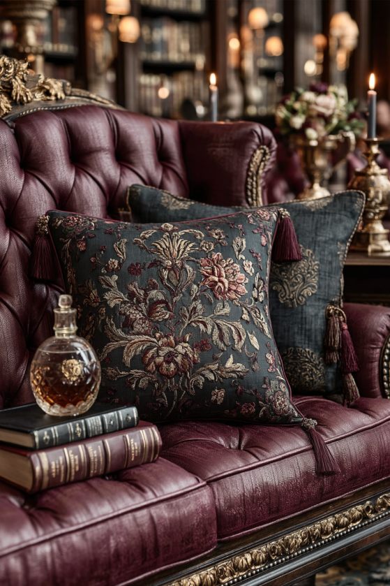Gold embroidered baroque throw pillow with bullion tassel trim on plum velvet settee with carved gilt leg — dark rococo aesthetic soft furnishings