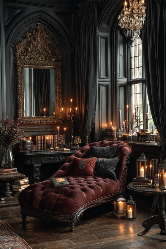 Full dark rococo aesthetic room at night with crystal chandelier, velvet chaise, baroque gallery wall, plum velvet curtains, brocade wallpaper, and lit candelabra — gothic interior design reveal