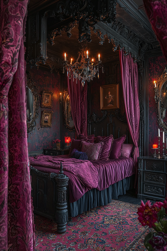 Full gothic maximalism bedroom — velvet drapes, iron canopy bed, baroque mirrors, chandelier and jewel-tone layers