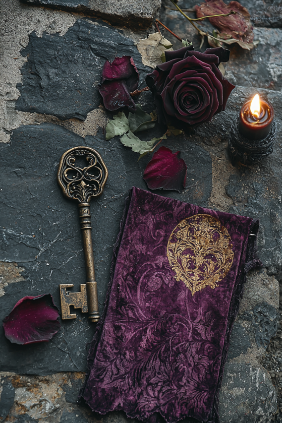 Castlecore aesthetic mood board — dried black rose, skeleton key, velvet swatch, and medieval manuscript details on dark stone