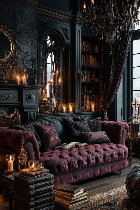 Vamp romantic interior living room — plum velvet sofa, dark crystal chandelier, and jewel-tone floor-length brocade curtains