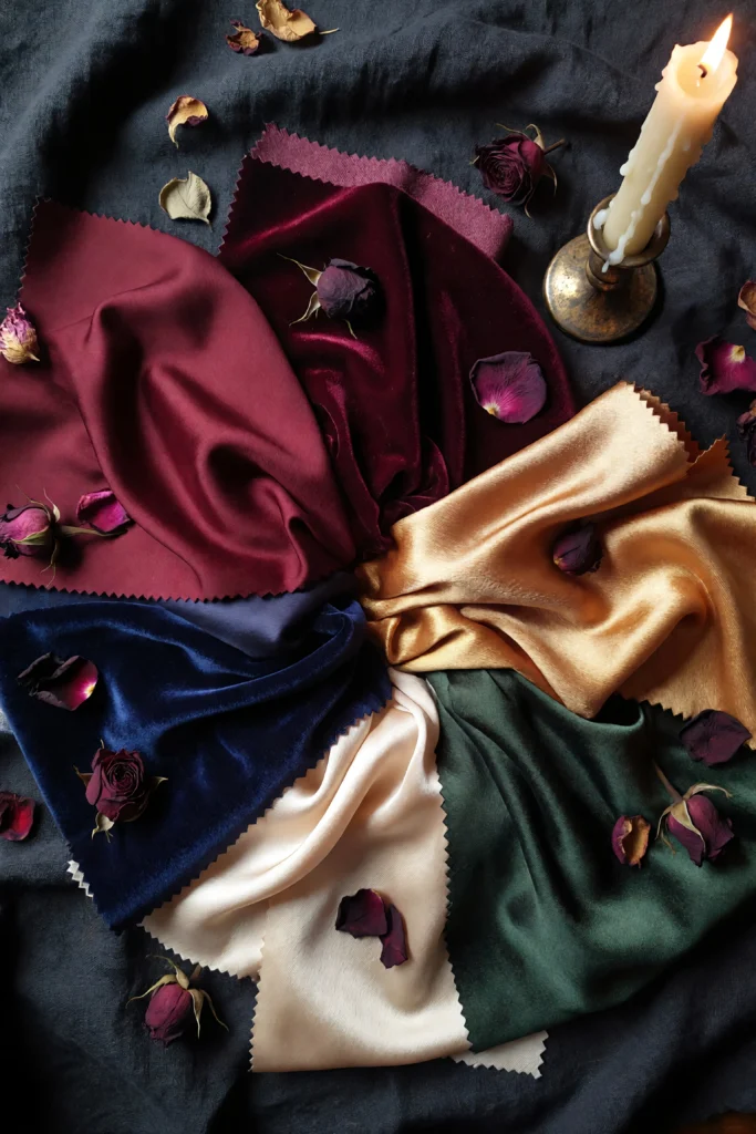 Vamp romantic interior colour palette featuring jewel tone swatches — oxblood, plum, deep sapphire, and emerald on dark linen