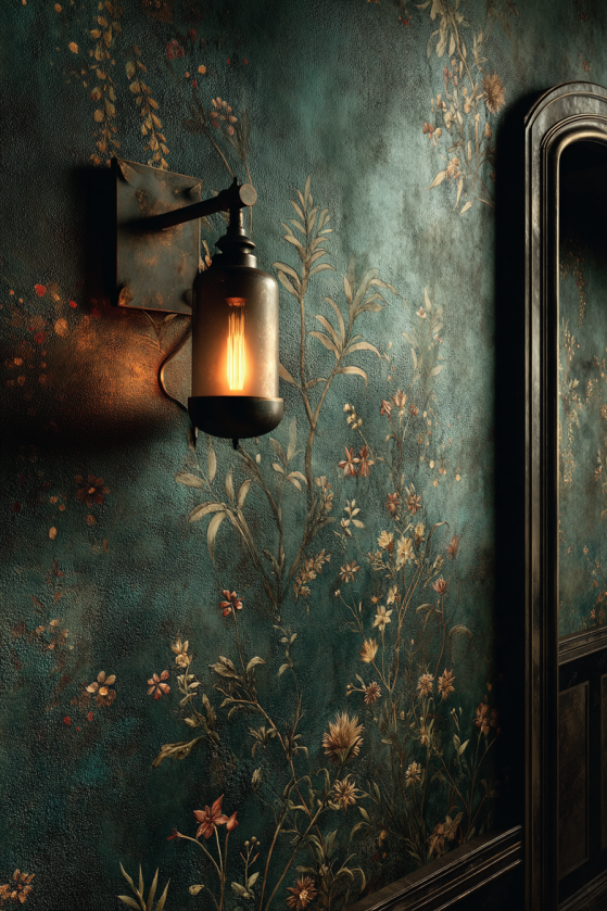 Dark castlecore accent wall with moody botanical wallpaper and wrought iron wall sconce in warm candlelight