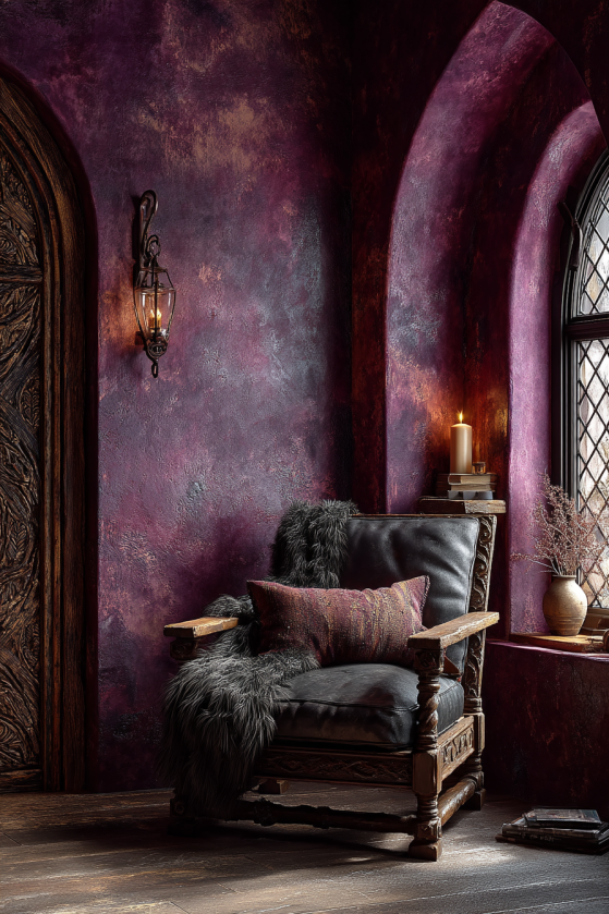 Gothic castlecore interior corner with limewash plaster wall, arched alcove, carved wood chair, and candlelight