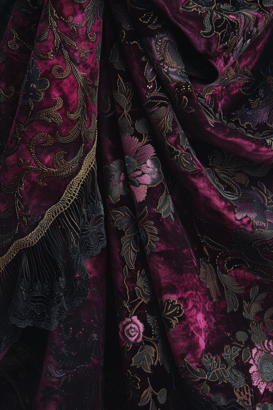 Vamp romantic interior textiles — oxblood velvet, plum brocade, and ivory lace in moody dark layering on dark wood