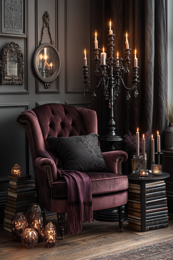 Vamp romantic interior — black iron candelabra, dark crystal holders, and oxblood armchair glowing in warm candlelight