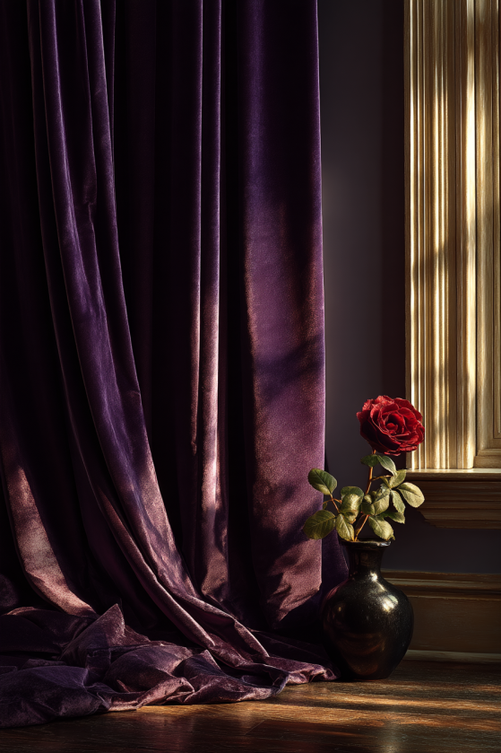 Deep purple velvet curtains 108 inch pooling on dark wood floor in castlecore interior — dramatic gothic room styling