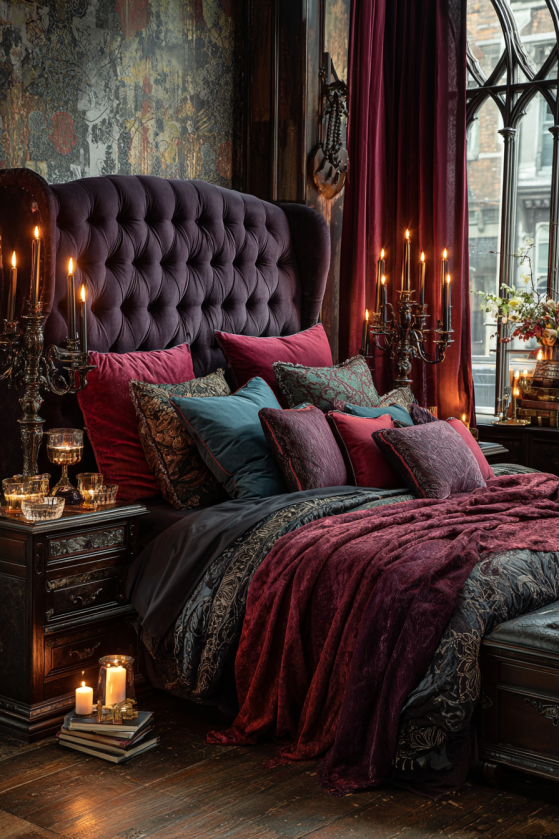 Vamp romantic interior bedroom — plum velvet headboard, jewel-tone pillows, oxblood curtains, candelabra in candlelight