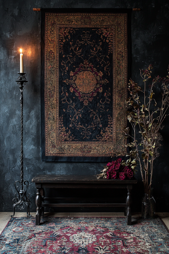 Medieval castle tapestry on dark wall above carved wooden bench with dried roses — castlecore interior decor statement textile