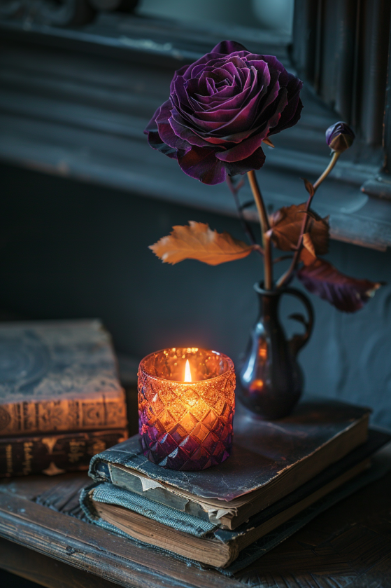 Vamp romantic interior nightstand — dark crystal holder, aged books, and dried dark rose in iron vase, gothic cozy