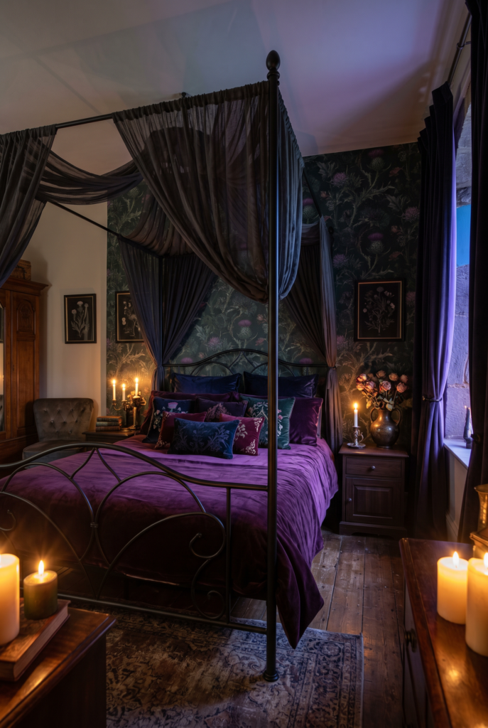 Dark fairytale bedroom with black four-poster bed, velvet bedding, canopy, and moody wallpaper — castlecore interior design