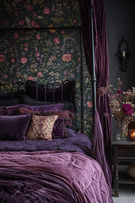 gothic bedroom, dark floral wallpaper, purple velvet, embroidered pillows, castlecore decor, moody bedroom, dark fairytale room