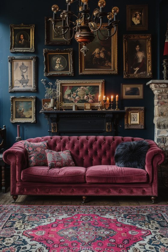 Vamp romantic interior living room — oxblood Chesterfield sofa, dark gallery wall, Persian rug, and wrought iron chandelier
