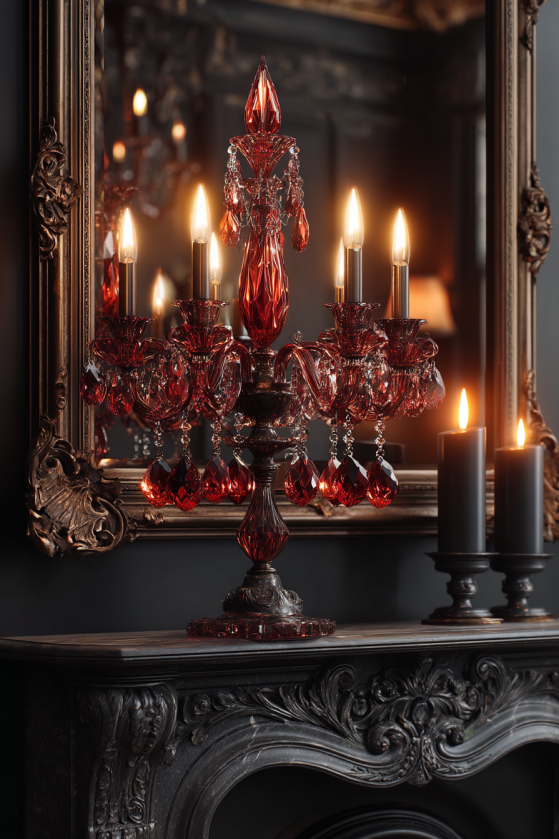 Red crystal candelabra on dark fireplace mantel with amber candlelight refracting gothic red light — castlecore room decor