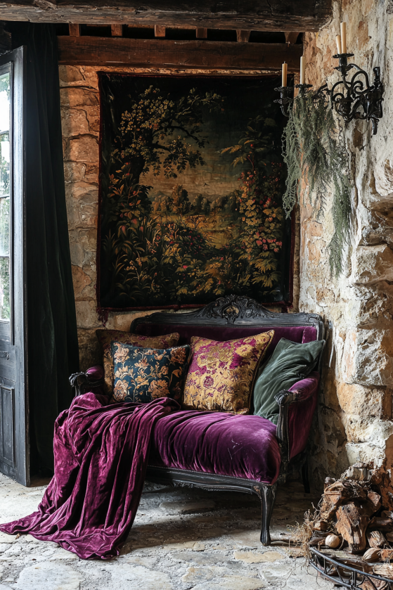 A maximalist castlecore interior layered with floor-to-ceiling deep burgundy velvet drapes, an aged medieval tapestry on rough stone walls, jewel-toned brocade cushions in forest green and midnight blue, and a plum velvet throw draped over carved oak furniture in warm candlelight