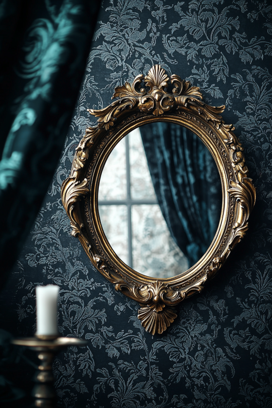 Ornate gilt baroque mirror reflecting candlelight against midnight navy brocade wallpaper — dark rococo aesthetic interior detail