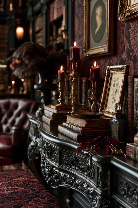 Intimate dark rococo console vignette with stacked antique books, brass candlesticks holding red taper candles, a small framed botanical print, old keys on a red ribbon, and a dark red leather chair in the background against damask wallpaper.