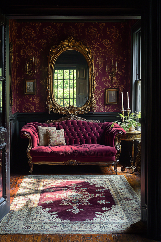 A view through a dark doorway into a moody, grand room with black wood wainscoting and dark burgundy floral wallpaper. A vibrant, tufted wine-red velvet sofa sits in the center of the wall beneath an oversized, heavily detailed antique gold oval mirror. A traditional crimson and cream Persian rug rests on the hardwood floor, and a small gold side table sits in the corner by a sunlit window.