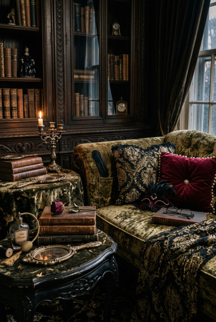 A close-up shot of a cozy reading corner featuring a moss-green velvet chesterfield sofa decorated with a deep burgundy velvet cushion and a black-and-gold brocade throw blanket. Next to the couch is a matching green velvet-covered side table holding stacks of antique books, a vintage perfume atomizer, and an ornate brass candelabra. In the background stands a dark walnut glass-door bookshelf filled with old volumes.