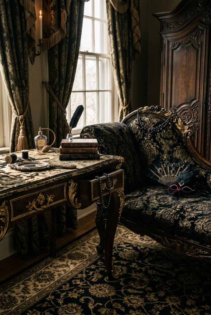 A close-up view of a luxury Victorian writing desk covered in a gold-and-black damask runner. Stacks of antique leather-bound books, a black feather quill pen, and a vintage glass perfume atomizer rest on the desk. An intricately patterned black and gold brocade chaise lounge sits adjacent to the desk on a matching ornate black area rug under a sunlit window.