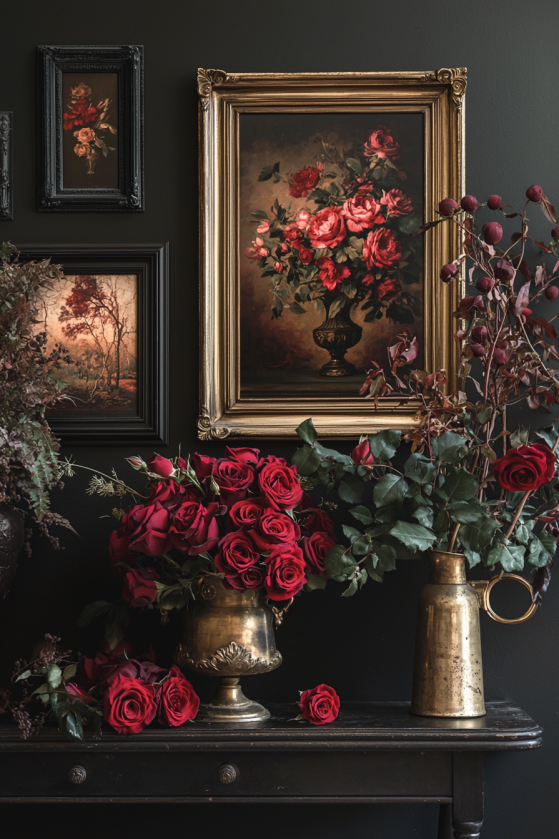 Intimate dark rococo still life featuring a large ornate gold-framed painting of red roses on a dark wall, with a brass urn of deep red roses and a brass pitcher of red berries on a black console table below.