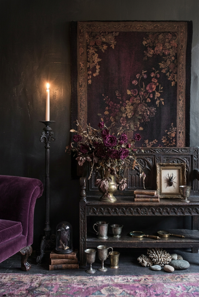Gothic console table against a dark wall with a large dark floral tapestry above it, a vase of deep burgundy roses, beetle framed art, and vintage metal goblets creating a moody, collected look.