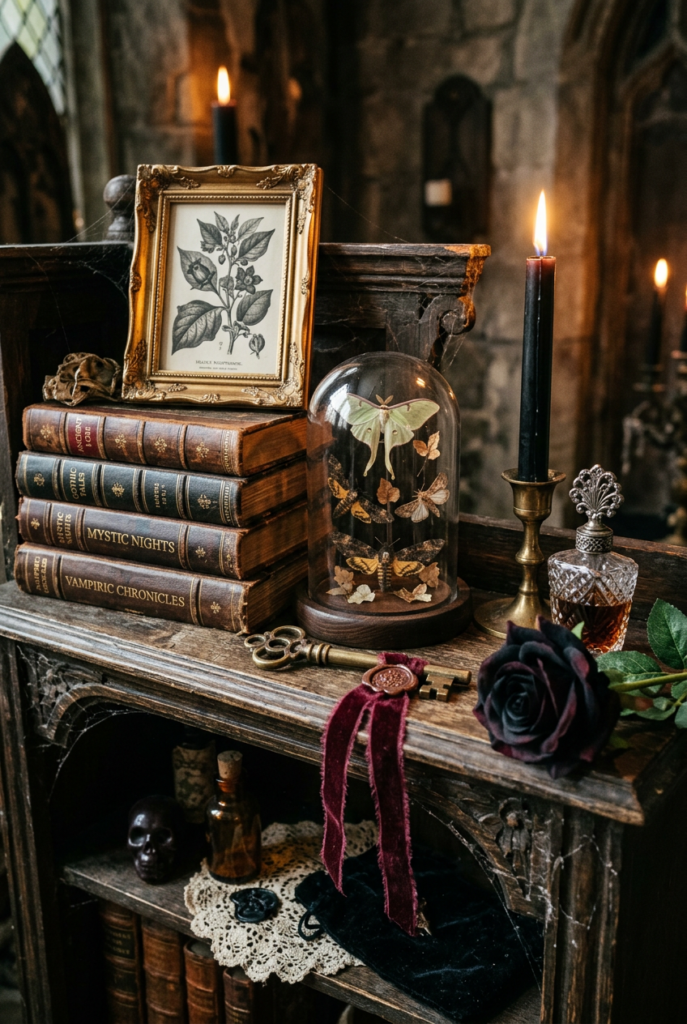 Gothic wooden console with a glass cloche containing a luna moth, stacked old leather books, a black taper candle, antique key, and a single dark rose creating a moody, collected look.