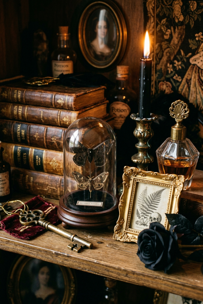 Dark gothic console with a large moth under a glass cloche, stacks of old leather books, black taper candle, antique potion bottles, and a small gold-framed fern print.